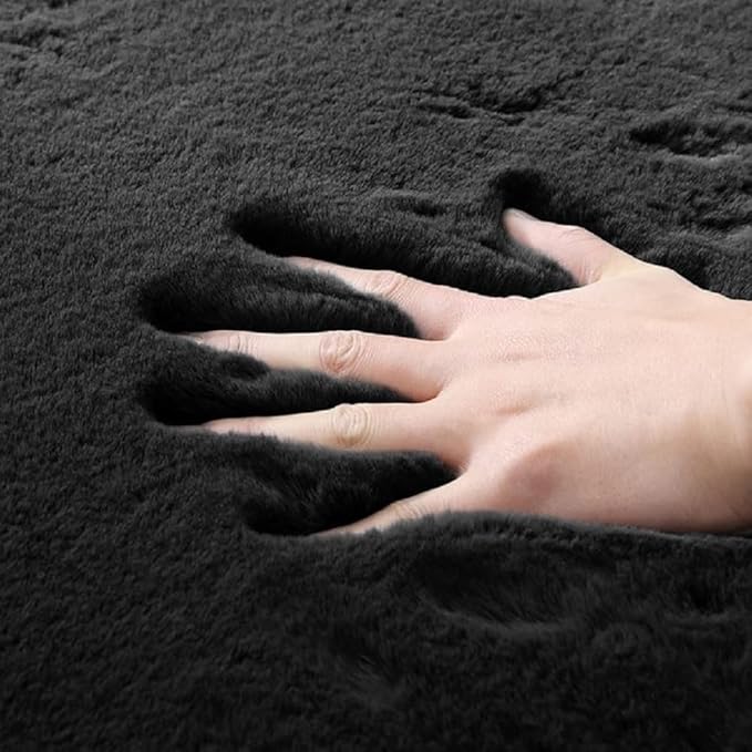 ORINOVA Black Shag Faux Rabbit Fluffy Fur Rugs for Bedroom Machine Washable Runner Rugs for Living Room 2x8 Runner Rug Nursery Rug