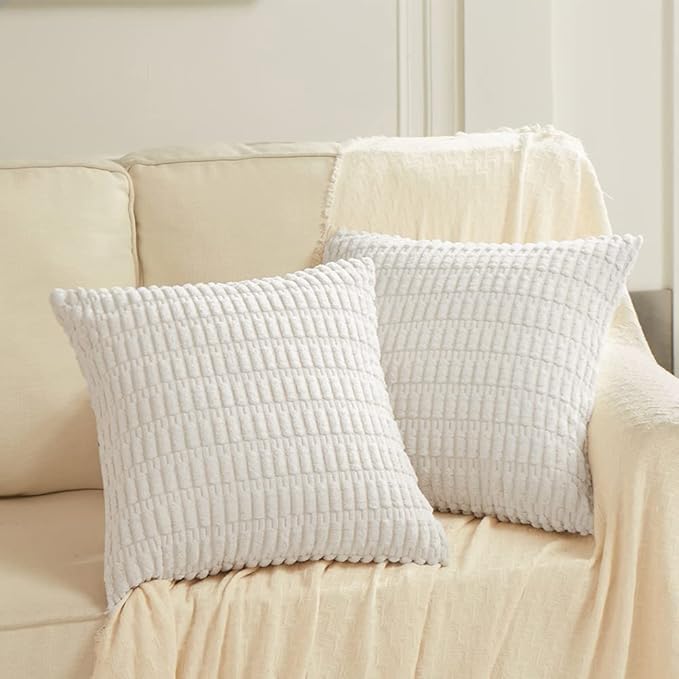 Fancy Homi 4 Packs Pure White Decorative Throw Pillow Covers 14x14 Inch for Living Room Couch Bed, Rustic Modern Farmhouse Boho Home Decor, Soft Plush Corduroy Cute Accent Square Cushion Case 35x35 cm
