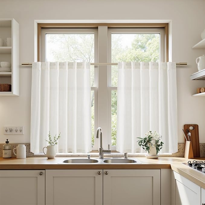 Nanspring 54 Inch Linen Curtains for Living Room Bedroom Semi Sheer Light Filtering Curtains Panels Back Tab and Rod Pocket Coastal Decor Neutral Curtain Drapes, 2 Panels 40 x 54 Inch