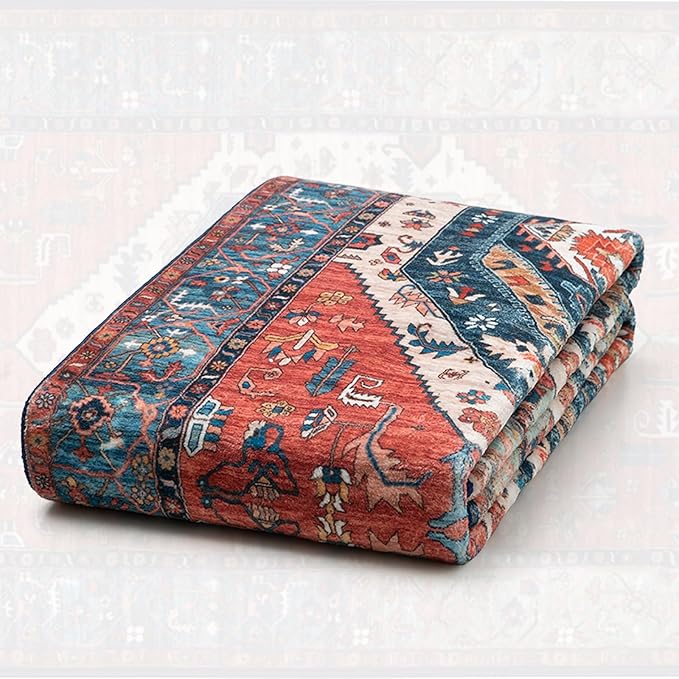 SERISSA 7x10 Area Rugs for Living Room, Large Washable Non-Slip Boho Rug, Ultra Soft Vintage Rust Oriental Tribal Print Distressed Carpet for Dining Room Bedroom Dorm Office Home Decor