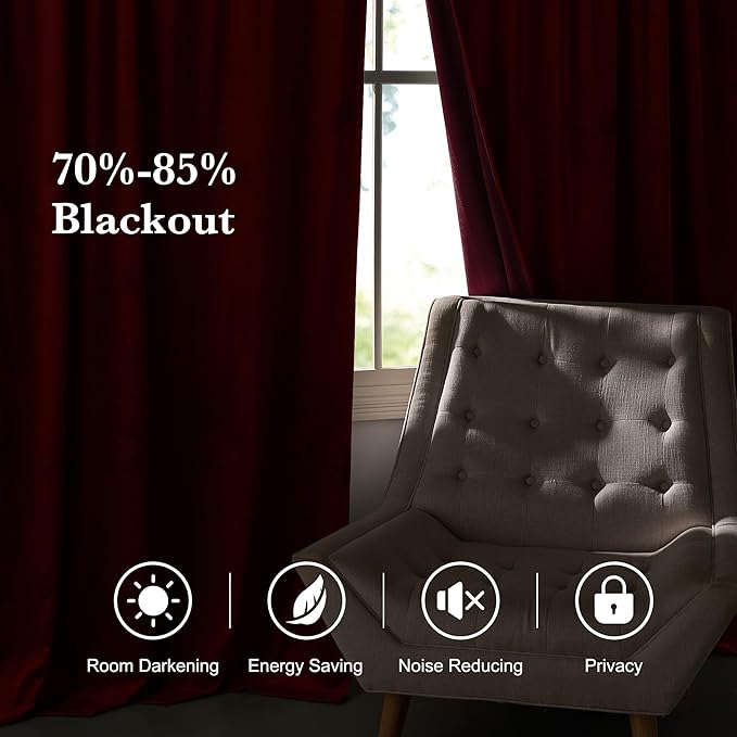 RYB HOME Burgundy Red Velvet Curtains for Christmas Decor, Soft Luxury Backdrops for Studio Theater, Rod Pocket & Back Tab Modern Design for Bedroom Living Room, 52" W x L96 L, 2 Panels Set