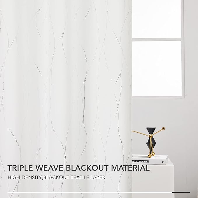 Deconovo White Curtains 84 Inches Long, Room Darkening Curtain, Thermal Insulated Soundproof Drapes, Wave Dots Silver Print, Grommet Top, Window Panels for Living Room Bedroom Nursery Office, Set of 2