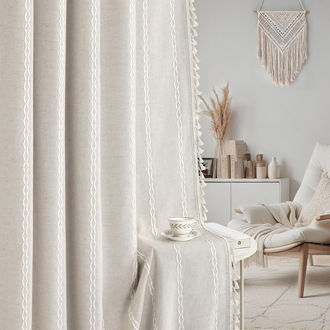 Boho 80% Blackout Curtains with Gray Liner 90 Inches Long 2 Panels Set, Beige Linen Blend Drapes with Tassels and Cotton Embroidered for Living Room Bedroom