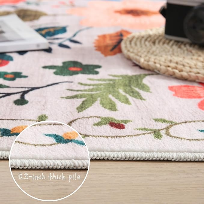 Rugcomf Area Rugs 9x12 Living Room Clearance Washable Boho Rug Non Slip Floral Vintage Low Pile Large Rug for Living Room, Bedroom, Farmhouse, Dining Room, Kids Playroom(Beige)
