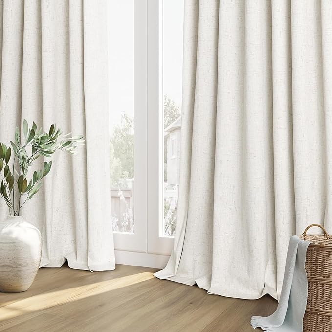 Guken 100% Blackout Cream Linen Curtains 52 Inch Wide by 140 Inch 2 Panels Set for Living Room Bedroom Back Tab Thermal Insulated Black Out Linen Drapes Room Darkening Window Curtains