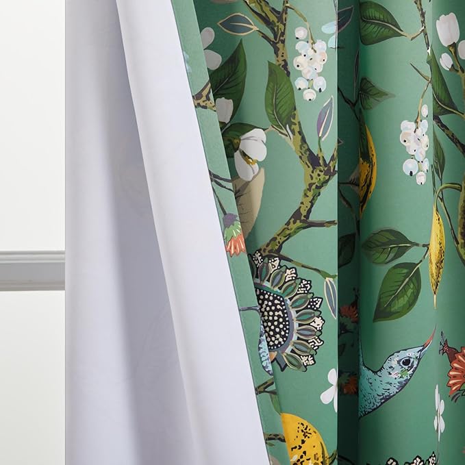 Topfinel Floral Two Pages Curtains 84 Inches Long Drapes,Vintage French Country Grommet Botanical Hummingbird Woodland Jungle Victorian Patterned Sage Green Lemon Drapes for Bedroom Dining Living Room