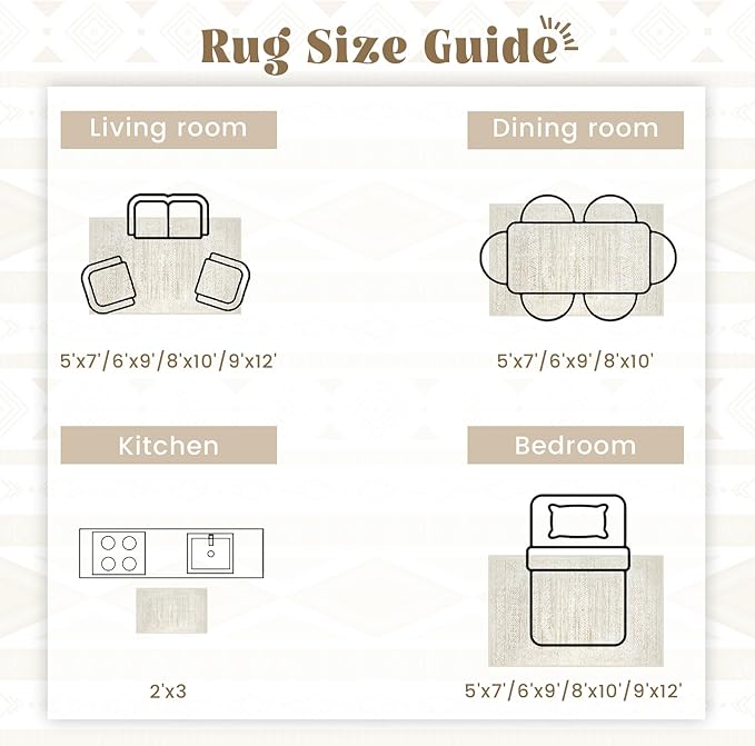 Living Room Rugs 10x14: Washable Moroccan Geometric Boho Rug Farmhouse Non Slip Stain Resistant Large Rug Low Pile Soft Carpet for Bedroom Dining Room Kids Room (Ivory Beige,10'x14')