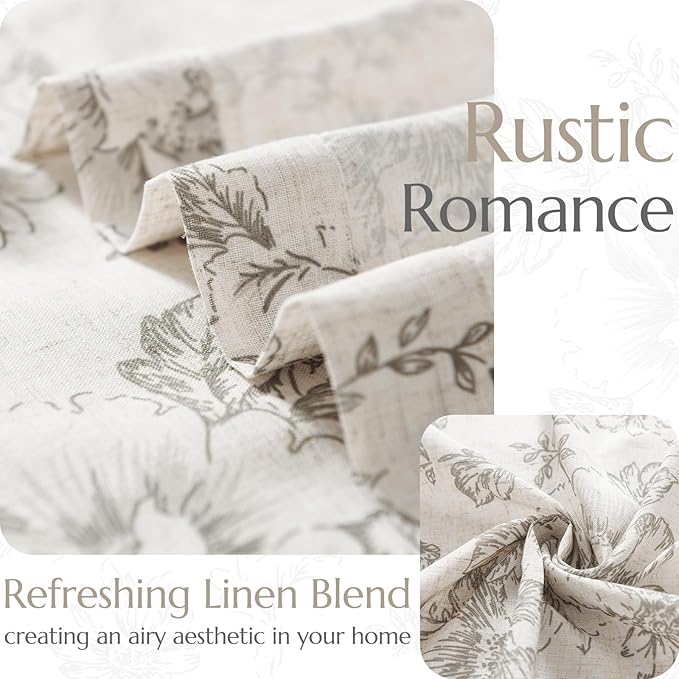 jinchan Linen Blend Curtain Floral Curtains for Living Room 45 Inch Length Grey Printed Curtain Rod Pocket Back Tab Farmhouse Peony Flower Patterned Drapes Bedroom Window Curtains Set 2 Panels