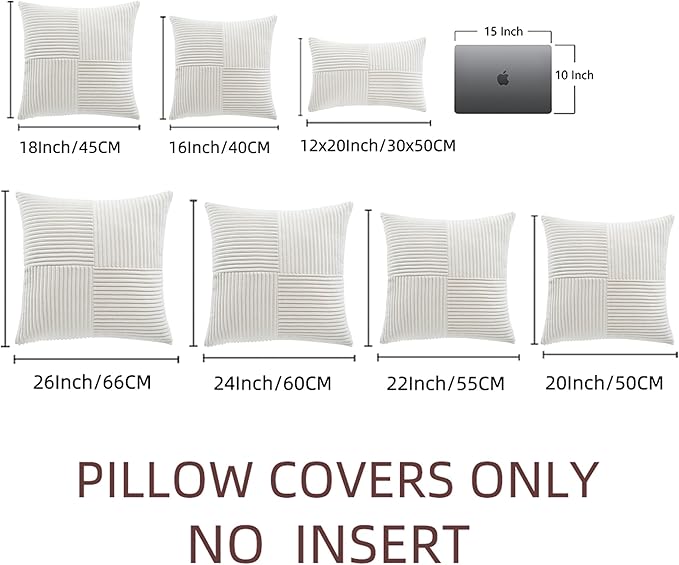 Fancy Homi 2 Packs Cream White Decorative Throw Pillow Covers 20x20 Inch for Living Room Couch Bed Sofa, Farmhouse Boho Home Decor, Soft Corss Corduroy Patchwork Accent Square Cushion Case 50x50 cm