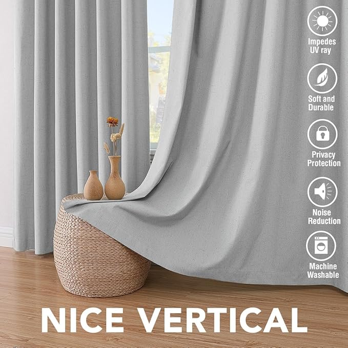 H.VERSAILTEX Linen Curtains 100% Blackout Curtains for Bedroom 90 inch Long Full Light Blocking Nature Linen Blended Window Curtains for Living Room Nickel Grommet (2 Panels, Glacier Gray)