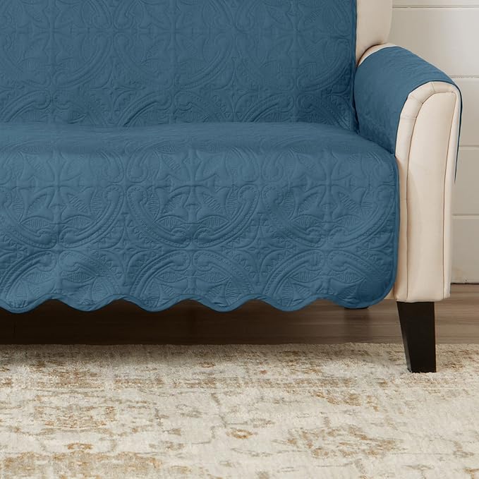 Great Bay Home Reversible Sofa Cover - Washable Slipcover Furniture Protector with Elastic Straps - Perfect for Kids & Pets - Quilted & Stitched Detail (Smoke Blue/Ivory)