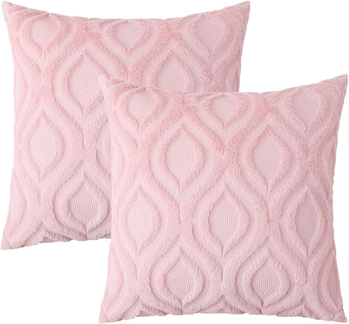 decorUhome Summer Throw Pillow Covers 20x20 Inch Set of 2, Soft Plush Faux Wool Light Pink Solid Couch Pillow Covers, Accent Farmhouse Neutral Square Pillow Cases for Sofa Bed Living Room