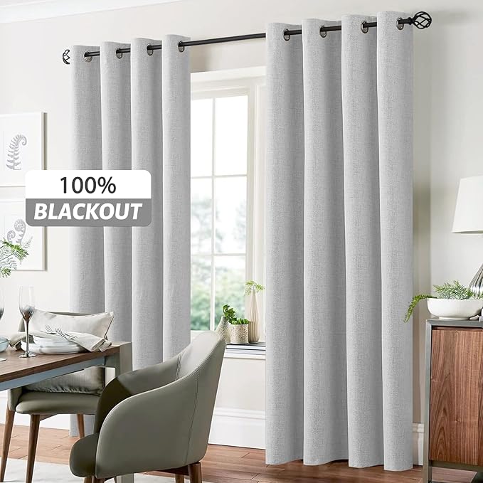 Yakamok White Curtains 100% Blackout 84 Inches Long,Room Darkening Textured Curtains for Living Room Thermal Grommet Bedroom Curtain 2 Panels with Greyish White Liner