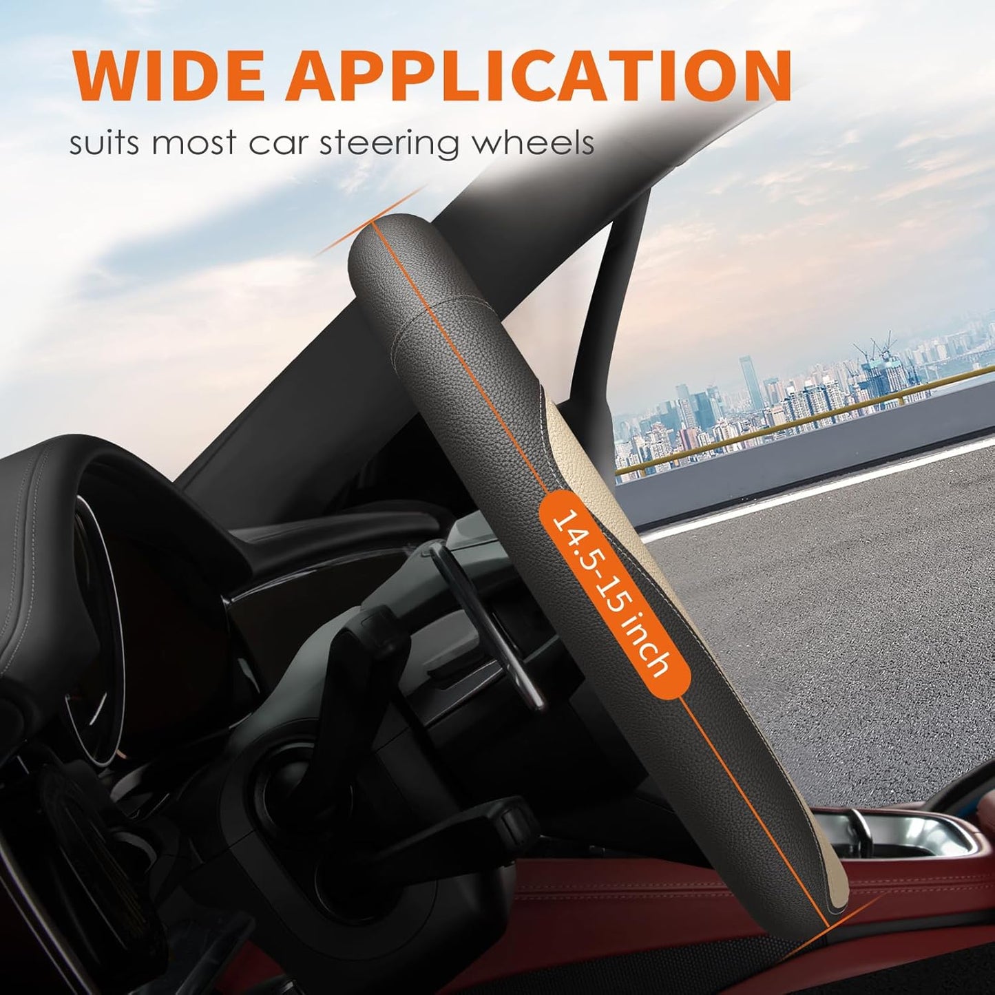 HOTOR Car Steering Wheel Cover - Universal Car Accessory for Diverse Cars, Durable Leather Cover with Anti-Slip Lining, for Steering Wheel with a Diameter of 14.5"-15", Gold