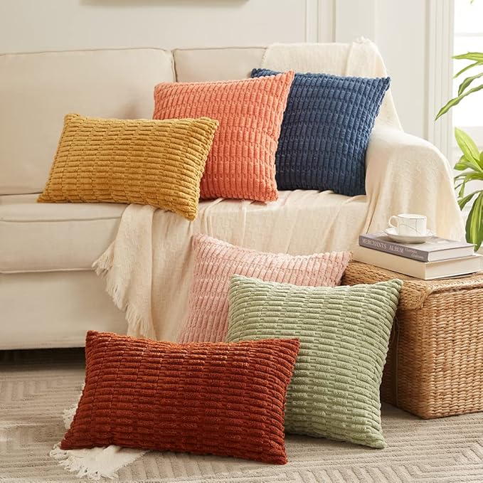 Fancy Homi 4 Packs Dusty Blue Decorative Throw Pillow Covers 12x24 Inch for Living Room Couch Bed Sofa, Rustic Farmhouse Boho Home Decor, Soft Plush Striped Corduroy Square Cushion Case 30x60 cm
