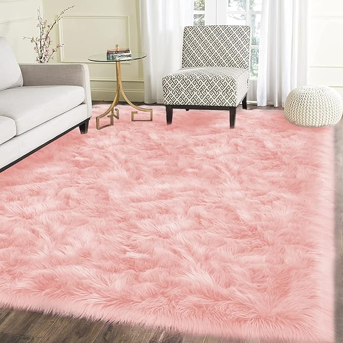 Latepis Pink Fur 5x8 Area Rug for Living Room Bedroom Faux Sheepskin Rugs Fuzzy Shaggy Plush Rug for Girls Room Cute Home Décor, Rectangle
