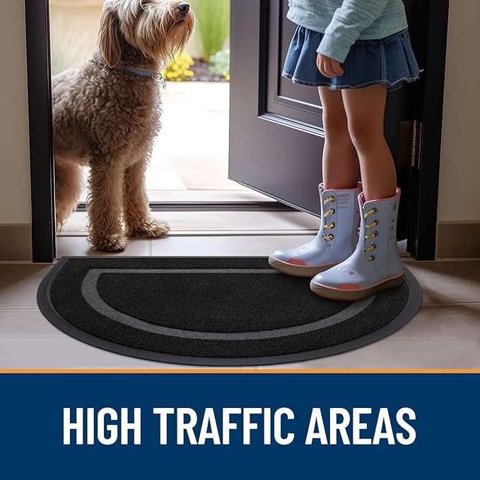 OLANLY Half Circle Door Mat Indoor Outdoor Entrance Welcome, Waterproof All-Season, All-Weather Doormat, Sturdy Natural Rubber, Low Profile, Easy Clean Patio Porch Entryway Mat, 29.5x17, Black