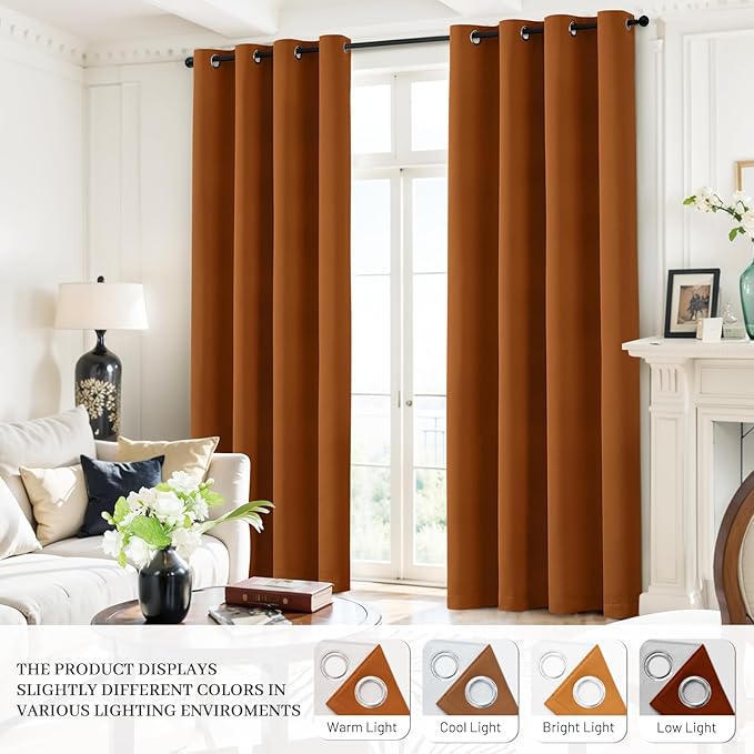 Yakamok Room Darkening 100% Blackout Curtains Grommet Window Treatments with 2 Thick Layers-Burnt Orange Thermal Insulated Drapes Set of 2 Panels for Bedroom Living Room 38 Inches by 84 Inches Length