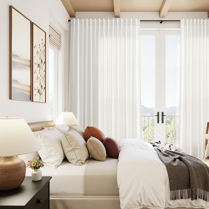 Extra Wide Beige White Curtains 96 Inches Long for Living Room Light Filtering Sheer Curtains for Coastal Room Decor Linen Farmhouse Curtain for Bedroom Back Tab and Rod Pocket 100x96,2 Panels