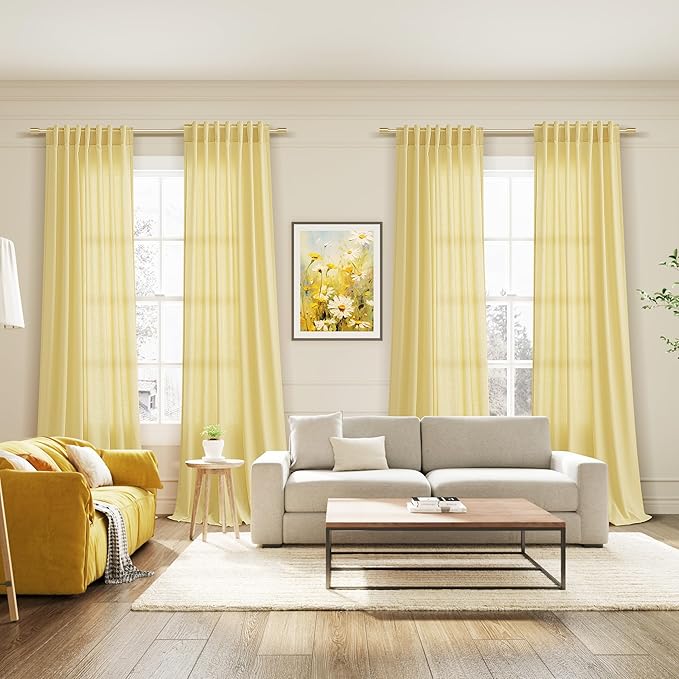 Yellow Linen Semi Sheer Curtains 120 Inches Long 2 Panels Set Back Tab Loop Pocket Linen Blend Boho Decor Large Window Curtain Extra Long Light Filtering Drapes High Ceiling for Living Room 52x120
