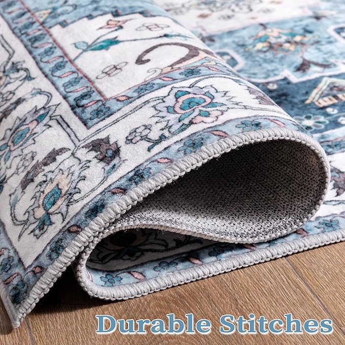 SERISSA Boho Area Rug 5x7 Blue, Washable Large Rugs for Living Room, Ultra Soft Non-Slip Bedroom Rug Print Distressed Vintage Oriental Farmhouse Carpet Rug for Dining Room Dorm Office Home Decor