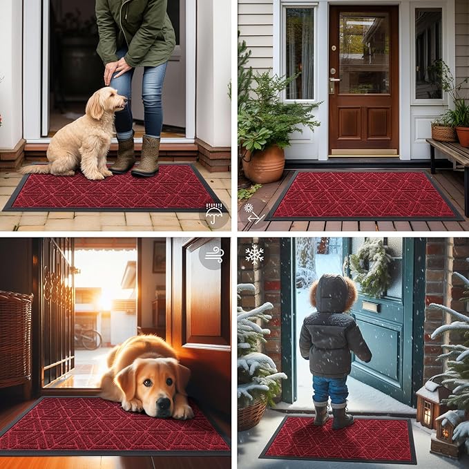 Smiry Front Door Mat Outside Entrance, Heavy Duty Sturdy Natural Rubber Doormat, Trap Dirt and Moisture, Easy Clean Low Profile Mats for Indoor Outdoor Entry, Grid Geometric (35x23, Wine Red)