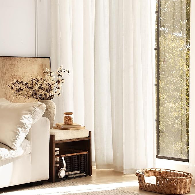 Natural Linen Curtain 105 inch Length 2 Panels Set Back Tab Light Filtering Living Room Curtain Drapes Home Office Modern Minimalist Decor Farmhouse Boho Neutral Cream Semi Sheer Curtain 105 inch Long