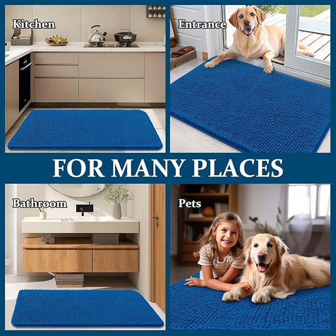 OLANLY Dog Door Mat for Muddy Paws 54x32, Absorbs Moisture and Dirt, Absorbent Non-Slip Washable Doormat, Quick Dry Chenille Mud Mat, Entry Indoor Entryway Carpet for Inside Floor, Deep Navy Blue