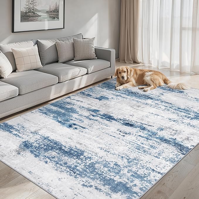 6x9 Area Rugs for Living Room - Washable Rug Modern Abstract Soft Large Neutral Non-Slip Carpet Indoor Floor Thin Carpets for Bedroom Dining Room Farmhouse Nursery Home Office White Blue Grey