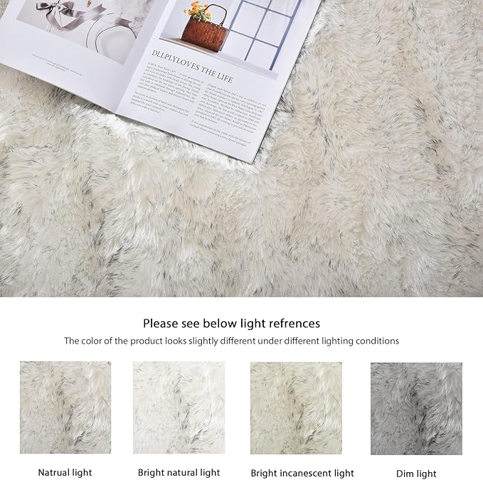 ORINOVA White and Grey Faux Fuzzy Fur Sheepskin Washable Area Rugs for Living Room 2x3 Boho Shag Nursery Rug Cute Home Décor