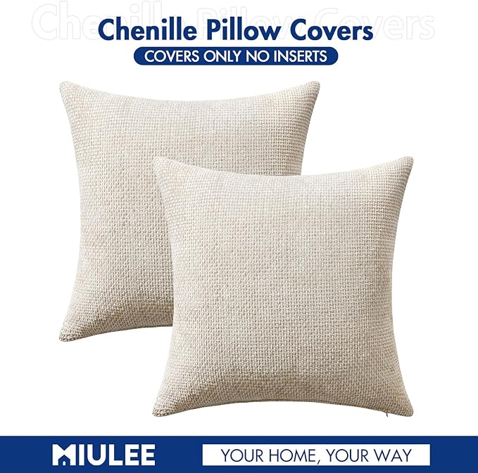 MIULEE Pack of 2 Couch Throw Pillow Covers 20x20 Inch Neutral Beige Modern Boho Accent Decorative Pillow Covers Soft Chenille Farmhouse Cushion Covers for Home Decor Bed Sofa Living Room