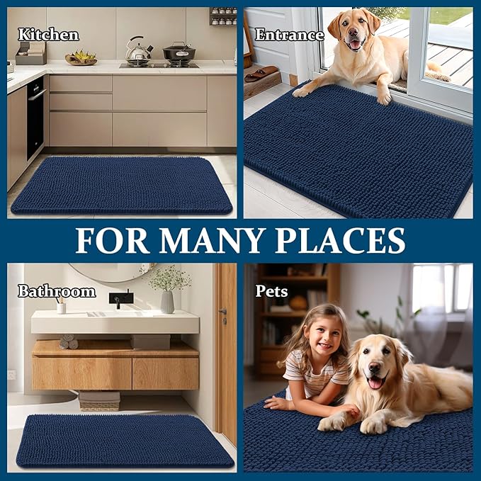 OLANLY Dog Door Mat for Muddy Paws 47x20, Absorbs Moisture and Dirt, Absorbent Non-Slip Washable Doormat, Quick Dry Chenille Mud Mat for Dogs, Entry Indoor Entryway Carpet for Inside Floor, Dark Blue