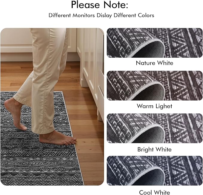 4x8 Washable Hallway Runner Rug:Moroccan Non-Slip Wide Runners for Entryway Kitchen Soft Modern Geometric Low-Pile Rugs for Living Room Thin Waterproof Carpet for Bedroom Bathroom Laundry(Black,4x8)