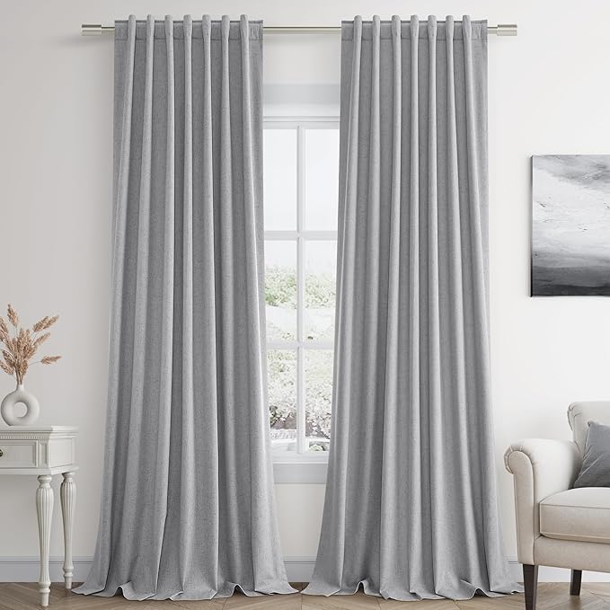 Guken Grey 100% Blackout Curtains 96 Inch Length 2 Panels Set for Living Room Bedroom Back Tab Thermal Insulated Black Out Linen Drapes Room Darkening Window Curtains 96 Inches Long