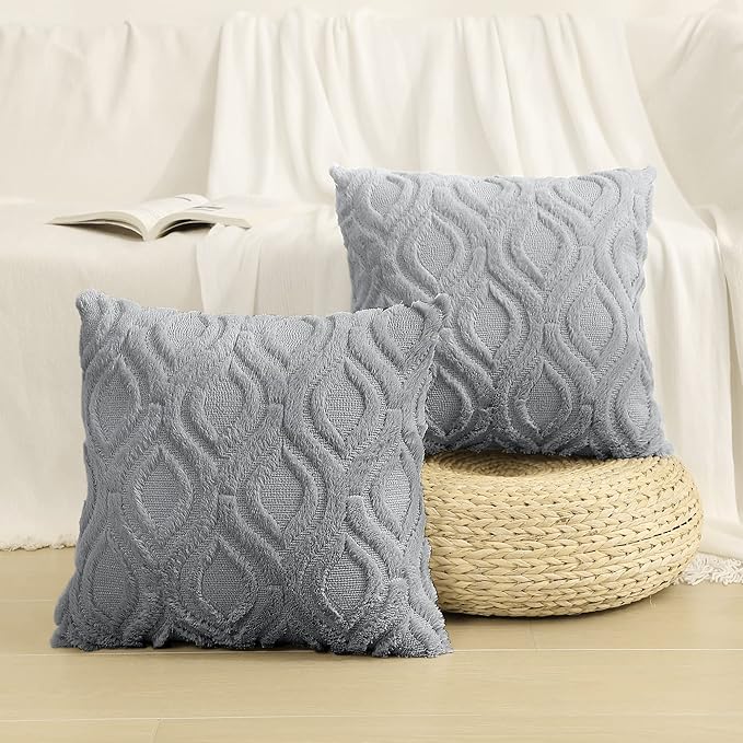 decorUhome Throw Pillow Covers 18x18 Inch Set of 2, Soft Plush Faux Wool Grey Solid Couch Pillow Covers, Accent Farmhouse Neutral Square Pillow Cases for Sofa Bed Living Room