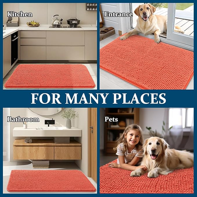 OLANLY Dog Door Mat for Muddy Paws 32x20, Absorbs Moisture and Dirt, Absorbent Non-Slip Washable Doormat, Quick Dry Chenille Mud Mat for Dogs, Entry Indoor Entryway Carpet for Inside Floor, Coral