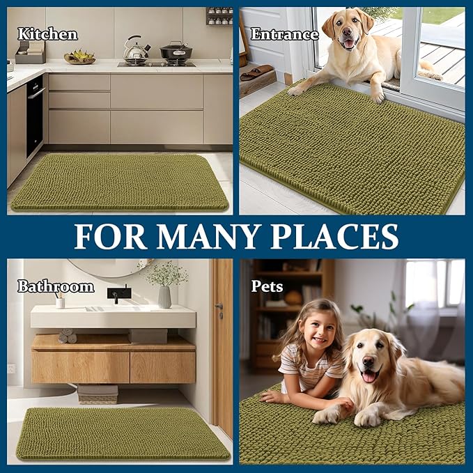 OLANLY Dog Door Mat for Muddy Paws 59x32, Absorbs Moisture and Dirt, Absorbent Non-Slip Washable Doormat, Quick Dry Chenille Mud Mat, Entry Indoor Entryway Carpet for Inside Floor, Willow Green