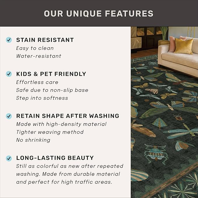 Black Insect 5ft Round Washable Living Room Rugs - Boho Non Slip Area Rug for Large Entrance, Low Pile & Soft Carpet for Bedroom Beside Bed, Forest Butterfly Design Stain Resistant Home Décor