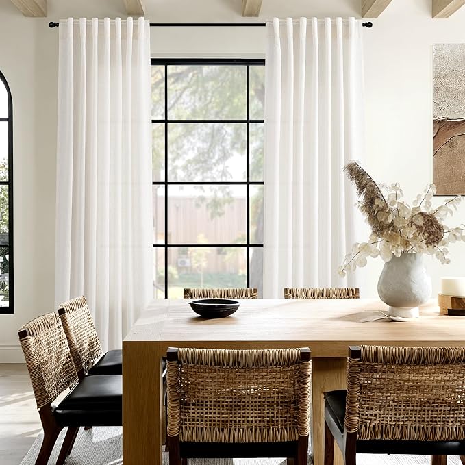Nanspring Ivory White Curtains 80 Inches Length for Living Room Back Tab Rod Pocket Semi Sheer Linen Drapes Muted Neutral Boho Linen Window Curtain for Bedroom/Dining Room 52X80 Inches