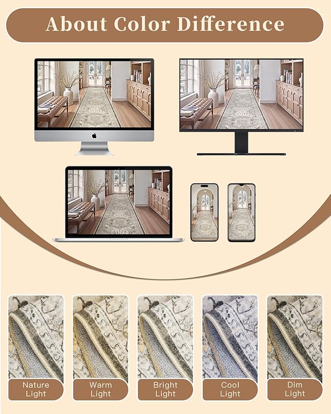 Madane Washable Runner Rug - 2x8 Runners for Hallways Kitchen Non-Slip Runner Rugs Ultra-Thin Laundry Room Rug Throw Carpet Runner for Entrance Living Dinning Room Foyer (Ivory/Brown, 2 x 8)
