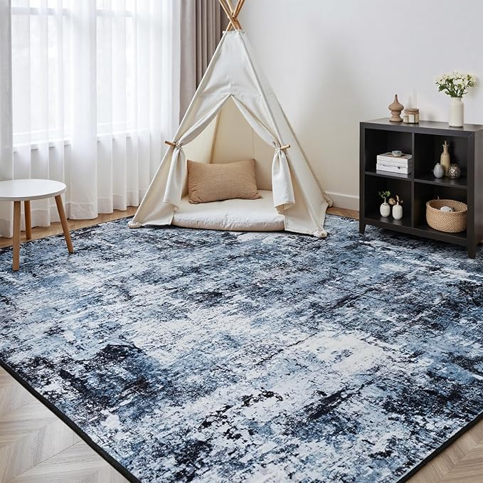 Rugflix 2x6 Runner Rug for Entryway, Kitchen Rugs Soft Non-Slip Washable Runners for Hallway, Abstract Small Carpet with Non-Slip Backing for Bedroom, Living Room, Navy Blue/Black