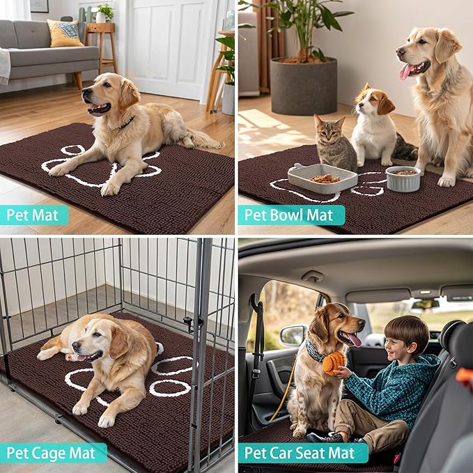 Smiry Dog Door Mat for Muddy Paws, Absorbent Dirt Trapper Non Slip Quick Dry Washable Chenille Mat for Mud Dogs, Entry Rug for Indoor and Outdoor (47x17 Inches, Brown and White)