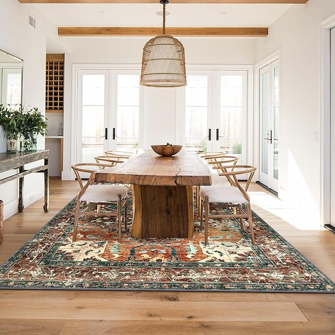 Yamaziot Area Rug 9x12 Large Rug, Non-Slip Washable Boho Vintage Living Room Bedroom Rug with Rubber Backing, Low Pile Faux Wool Soft Distressed Floor Carpet for Living Room, Bedroom