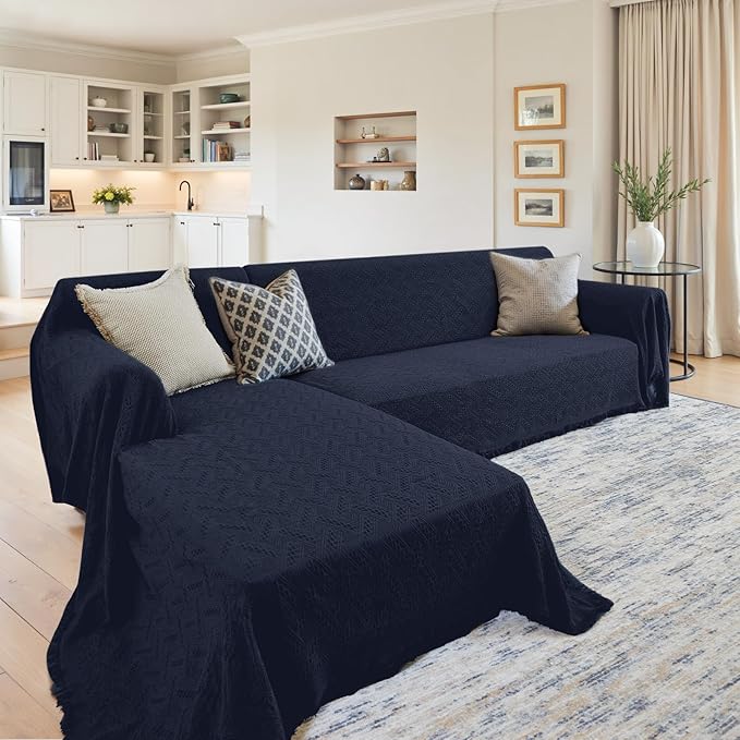 HOMERILLA Sectional Couch Covers for Sectional Sofa L Shaped Sofa Cover Blanket 2 Pieces L Shape Furniture Protector for Pets Dogs(Midnight Blue, Large)