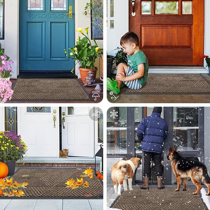 Smiry Front Door Mat Outside Entrance, Heavy Duty Sturdy Natural Rubber Doormat, Trap Dirt and Moisture, Easy Clean Low Profile Mats for Indoor Outdoor Entry, Irregular Triangle (47x32, Brown)