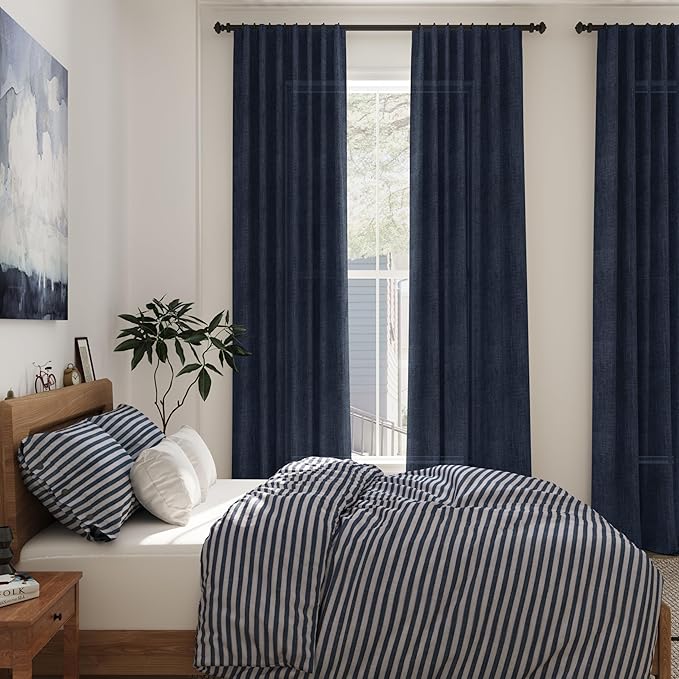 Nanspring Navy Blue Linen Curtains 63 Inches Length 2 Panels Set for Living Room Back Tab Pocket Light Filtering Semi Sheer Drapes Cotton Linen Textured Indigo Blue Window Curtain 52X63 Inches