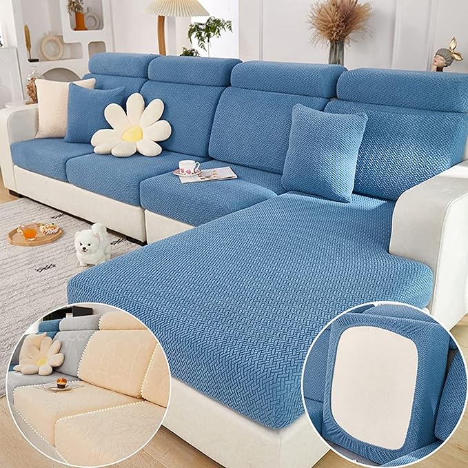 Couch Cushion Covers for Sofa Couch Covers Wear-Resistant Universal Sofa Cover Washable Stretch for Sectional Slipcovers (Texture-Blue,Chaise Cover)