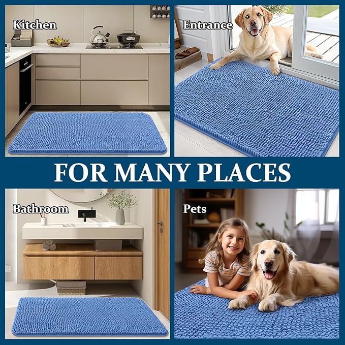 OLANLY Dog Door Mat for Muddy Paws 59x20, Absorbs Moisture and Dirt, Absorbent Non-Slip Washable Doormat, Quick Dry Chenille Mud Mat, Entry Indoor Entryway Carpet for Inside Floor, Cornflower Blue