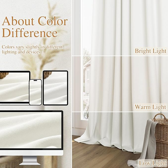 Guken Ivory 100% Blackout Linen Curtains 72 Inch Length 2 Panels Set for Living Room Bedroom Back Tab Thermal Insulated Black Out Drapes Room Darkening Window Curtains 40 Wide