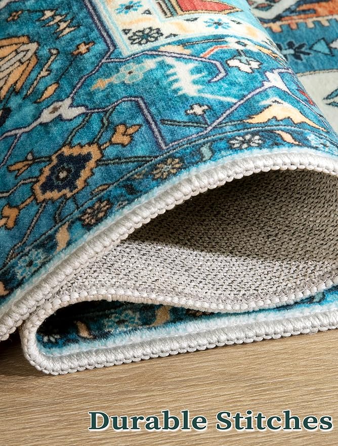 SERISSA Runner Rug for Hallways, 2'6"x14' Washable Non Slip Kitchen Runner Rug, Extra Long Boho Rug Ultra Soft Vintage Blue Print Floor Carpet for Bedroom Hallway Entryway Bathroom Laundry Room